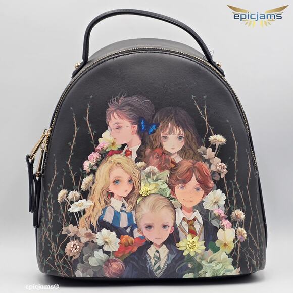 Harry Potter Characters Floral Botanical Group Portrait Black Mini Backpack Bag - Picture 1 of 4
